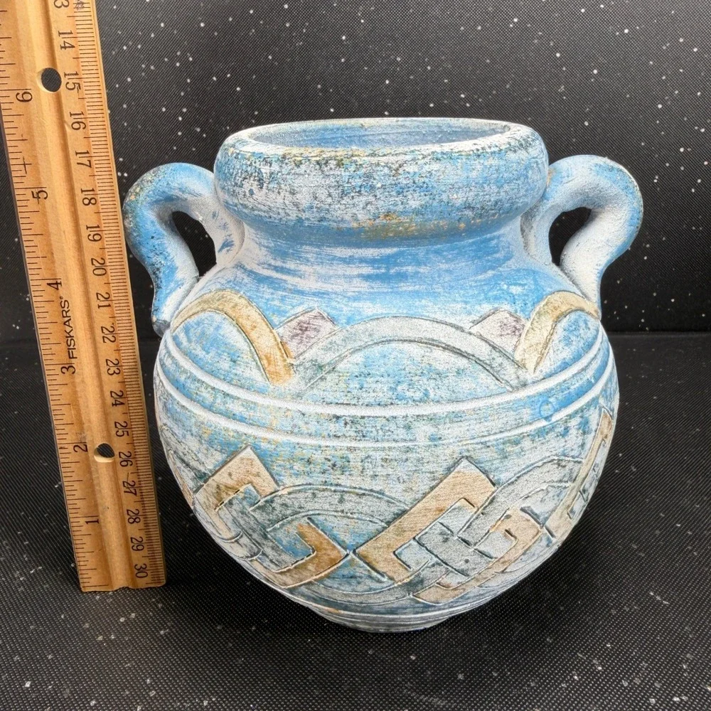 Andalusia Spain Studio Pottery Vase Blue White Geometric Carved 6in Handle VTG